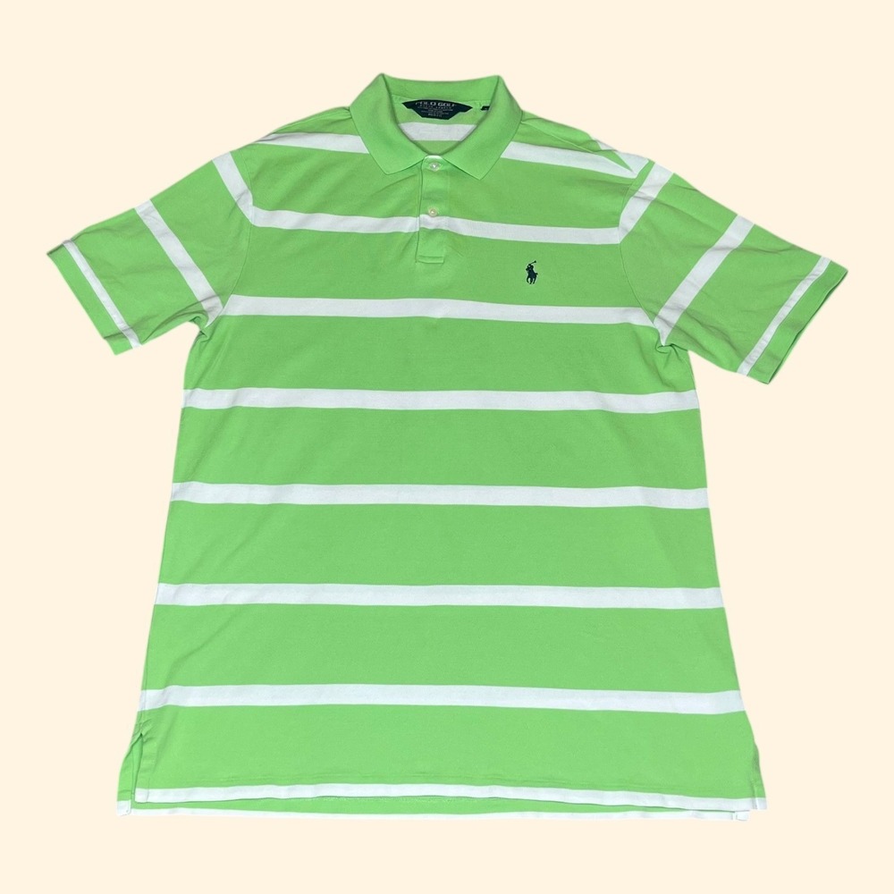 Polo Golf‎ Ralph Lauren Mens Large Pro Fit Lime Green White Striped Pima Polo